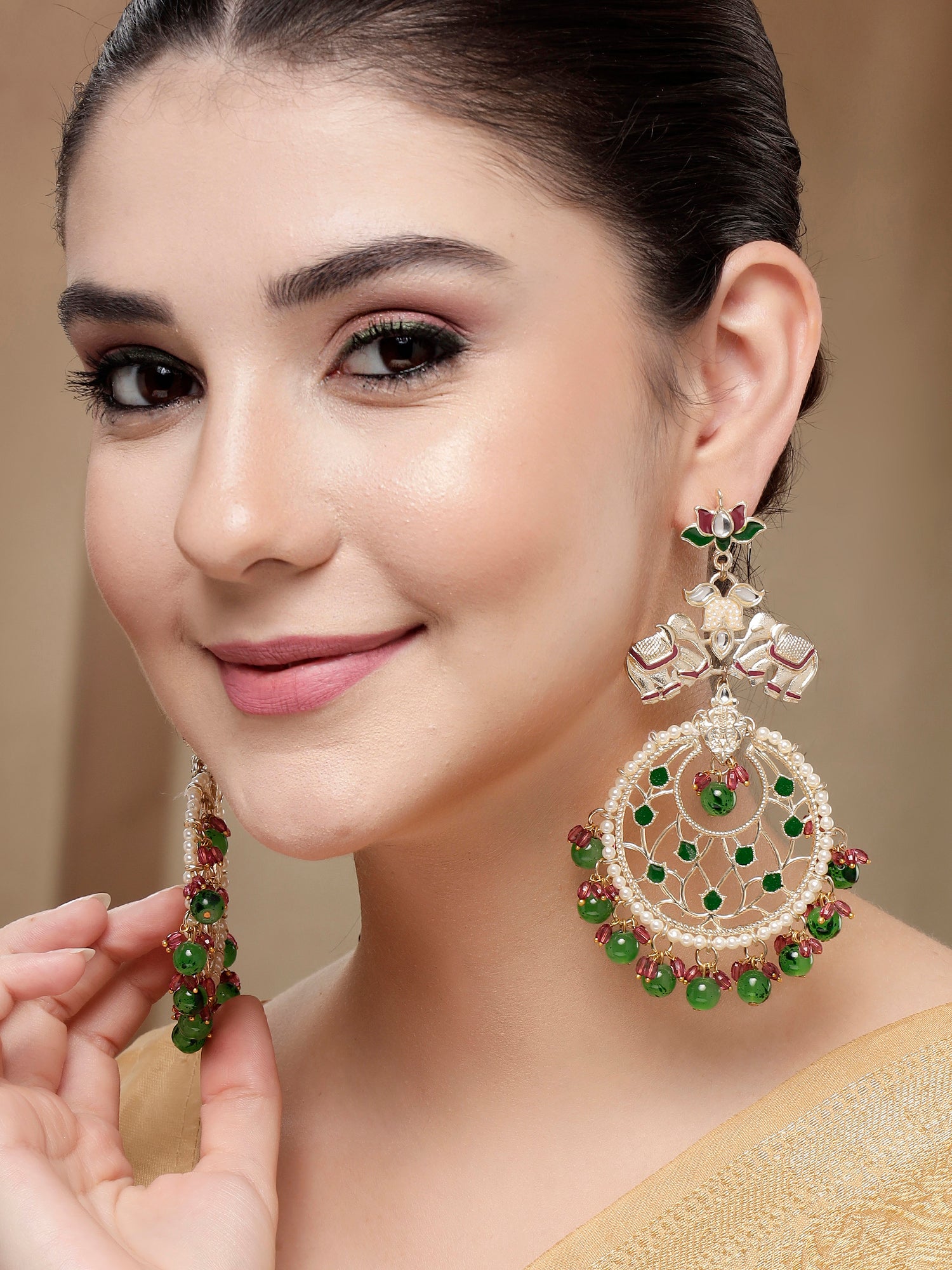 KARATCART Gold-Plated Green and Pink Beads Elephant Motif Kundan Chandbali Earrings for Women - view 2