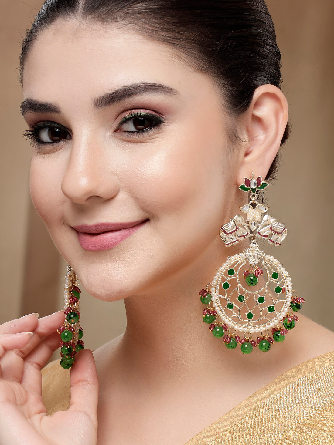KARATCART Gold-Plated Green and Pink Beads Elephant Motif Kundan Chandbali Earrings for Women