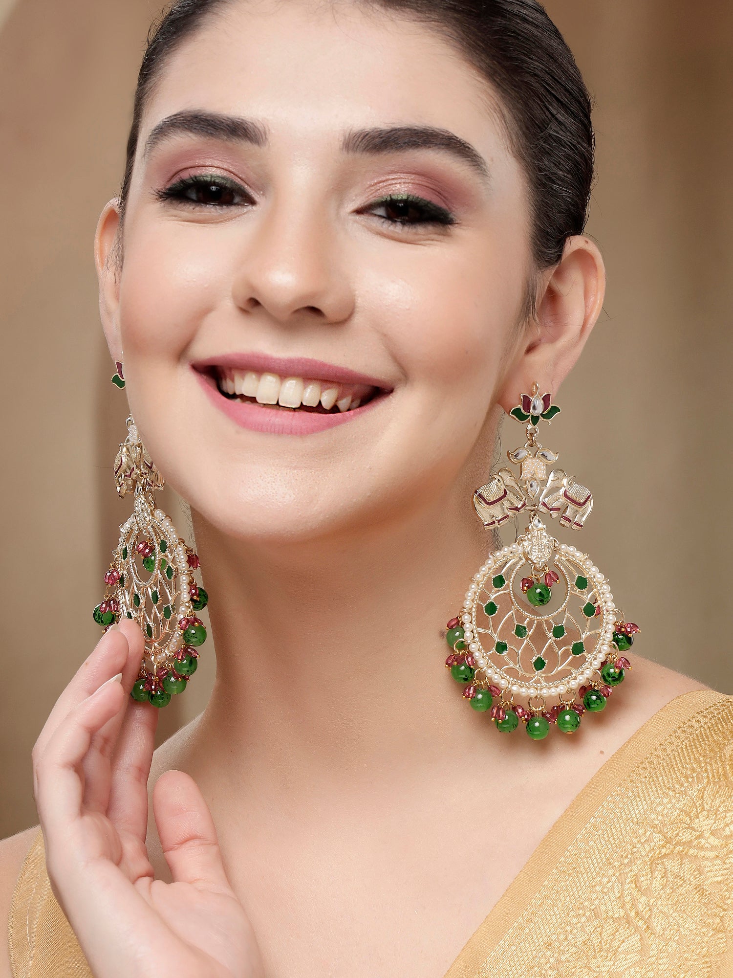 KARATCART Gold-Plated Green and Pink Beads Elephant Motif Kundan Chandbali Earrings for Women - view 3