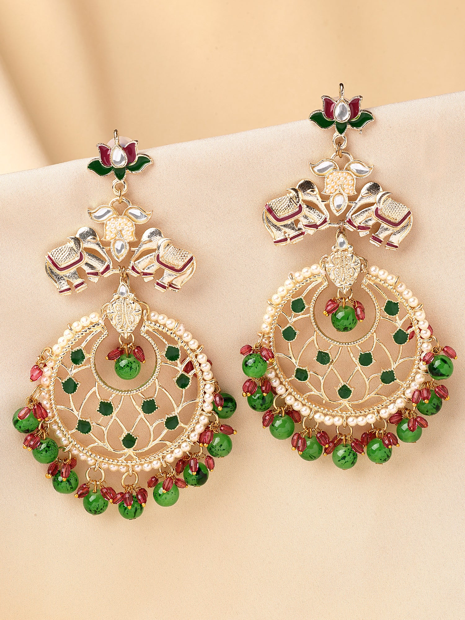 KARATCART Gold-Plated Green and Pink Beads Elephant Motif Kundan Chandbali Earrings for Women