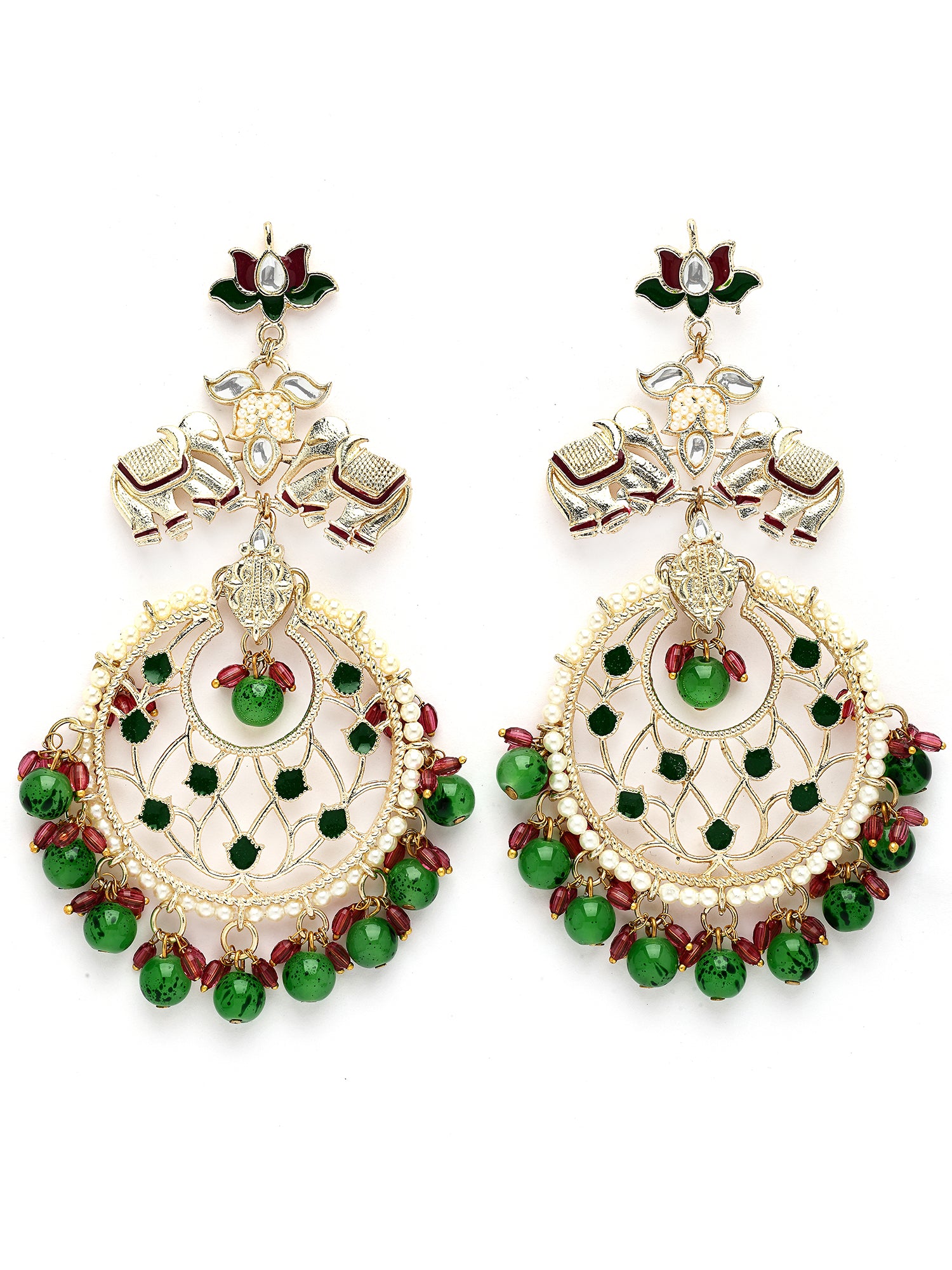 KARATCART Gold-Plated Green and Pink Beads Elephant Motif Kundan Chandbali Earrings for Women - view 5