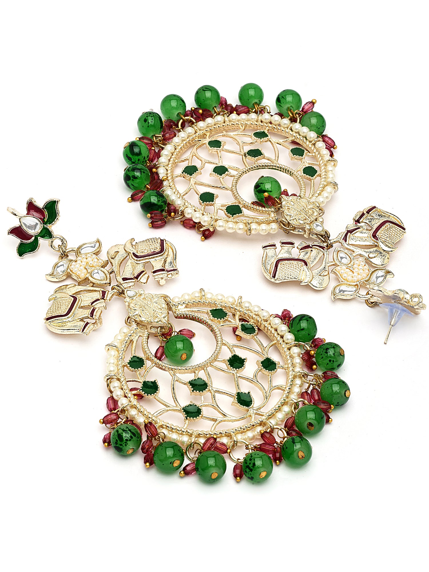 KARATCART Gold-Plated Green and Pink Beads Elephant Motif Kundan Chandbali Earrings for Women - view 4