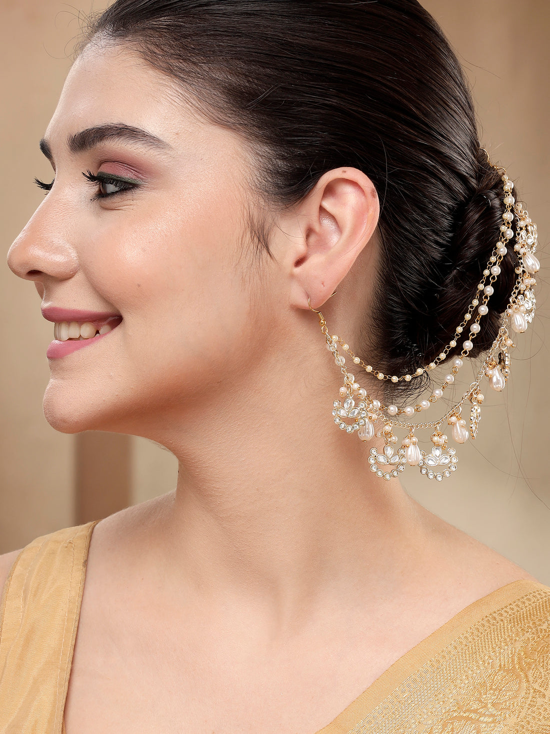 KARATCART Gold-Plated Traditional Pearl Beaded Kundan Kaanchain Earrings for Women