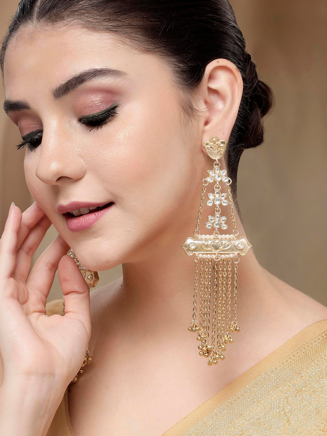 KARATCART Designer Gold-Plated Floral Multi-Chain Kundan Dangler Earrings for Women