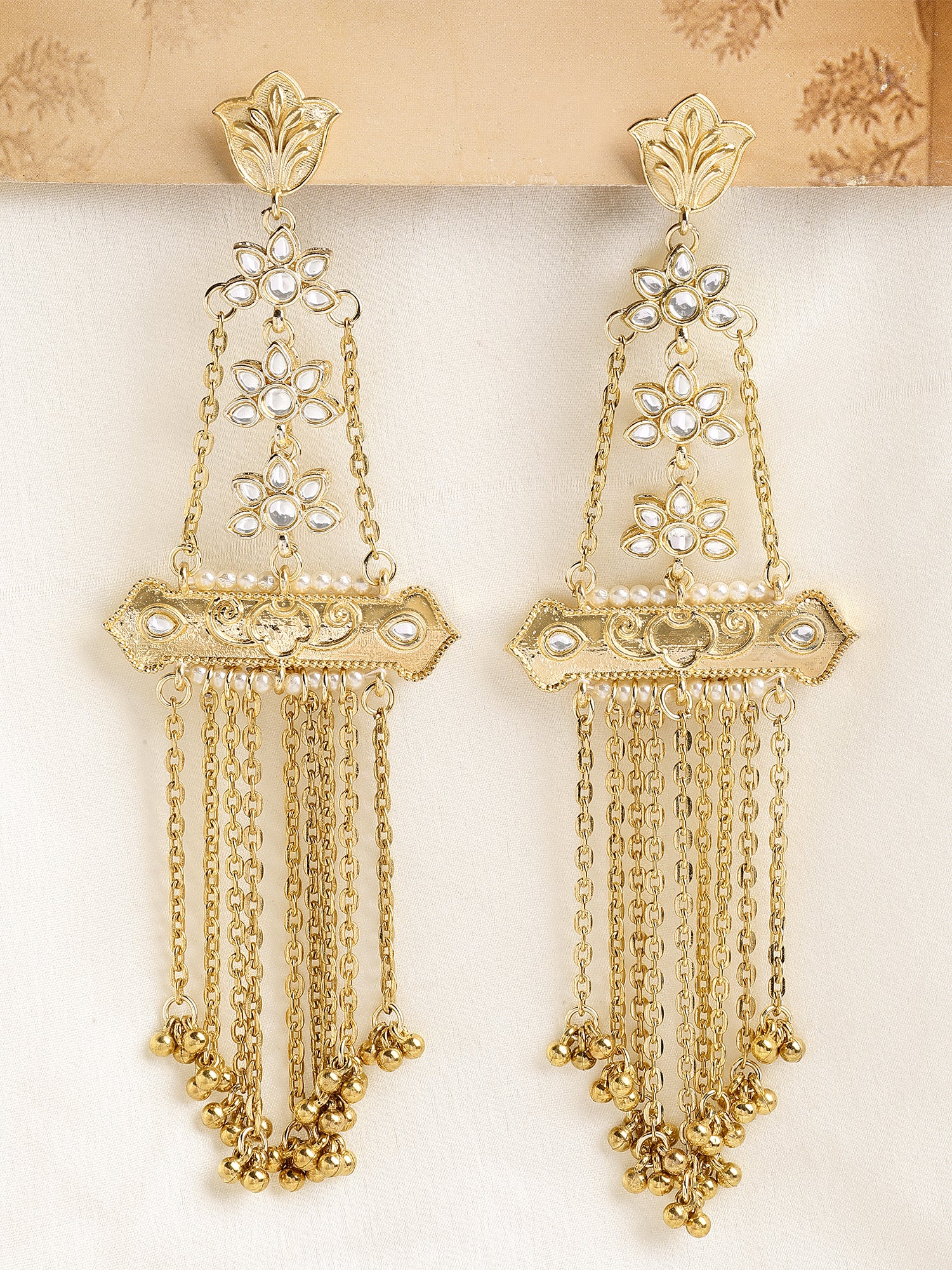 KARATCART Designer Gold-Plated Floral Multi-Chain Kundan Dangler Earrings for Women - Image 1