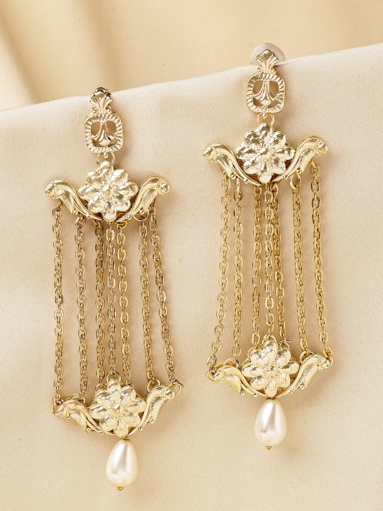 KARATCART Designer Gold-Plated Floral Multi-Chain Kundan Dangler Earrings for Women - Image 1