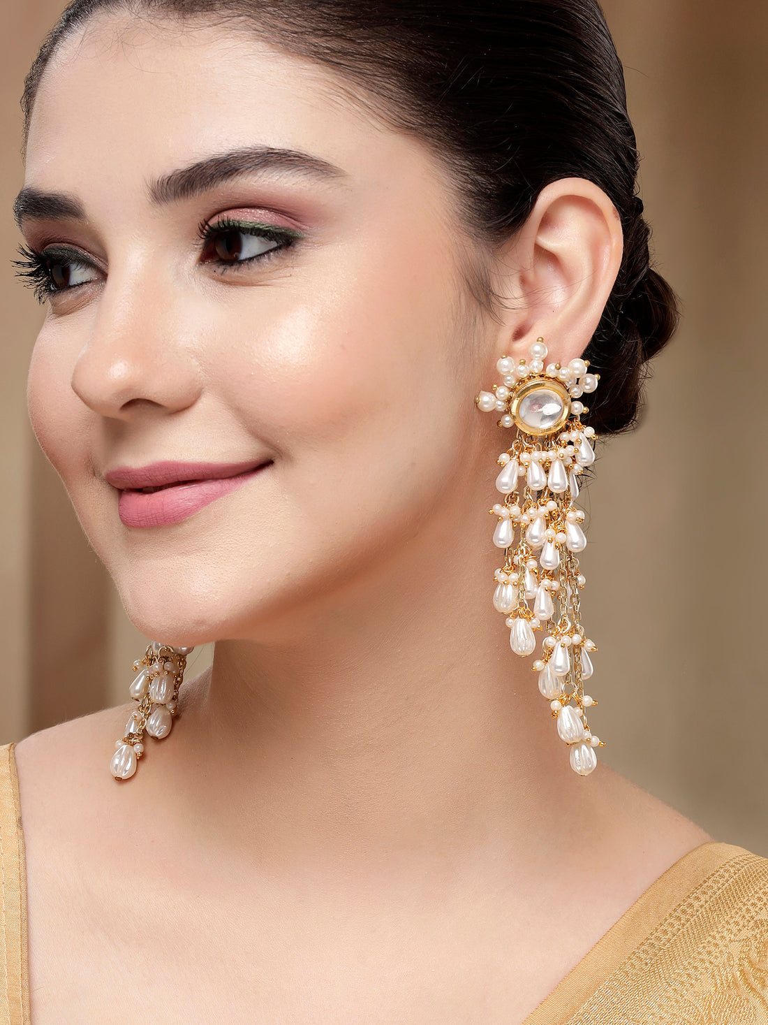KARATCART Designer Gold-Plated Drop Pearl Floral Polki Kundan Tassel Earrings for Women