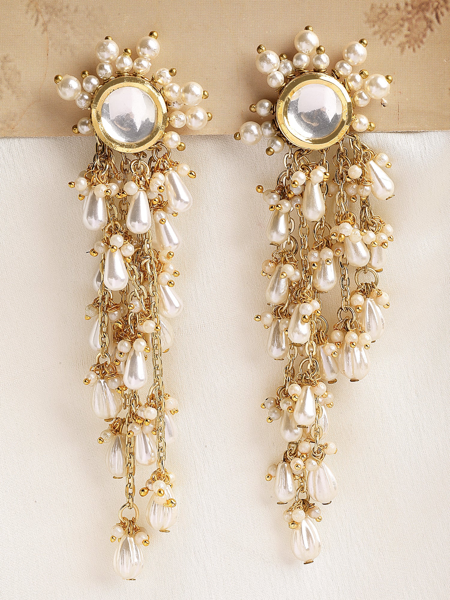 KARATCART Designer Gold-Plated Drop Pearl Floral Polki Kundan Tassel Earrings for Women