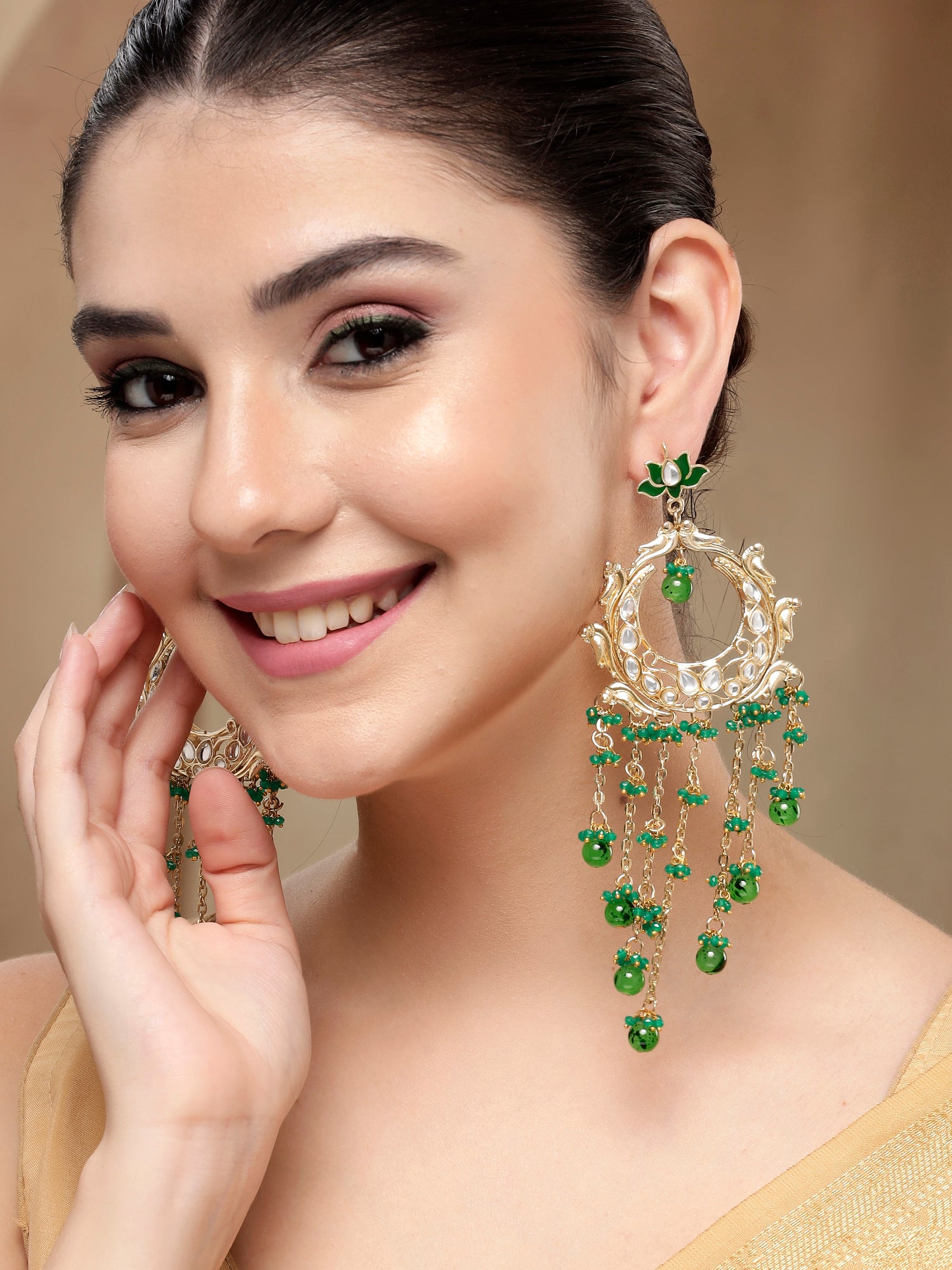 KARATCART Elegant Gold-Plated Green Beads and Crystal Kundan Tassel Earrings for Women - view 2