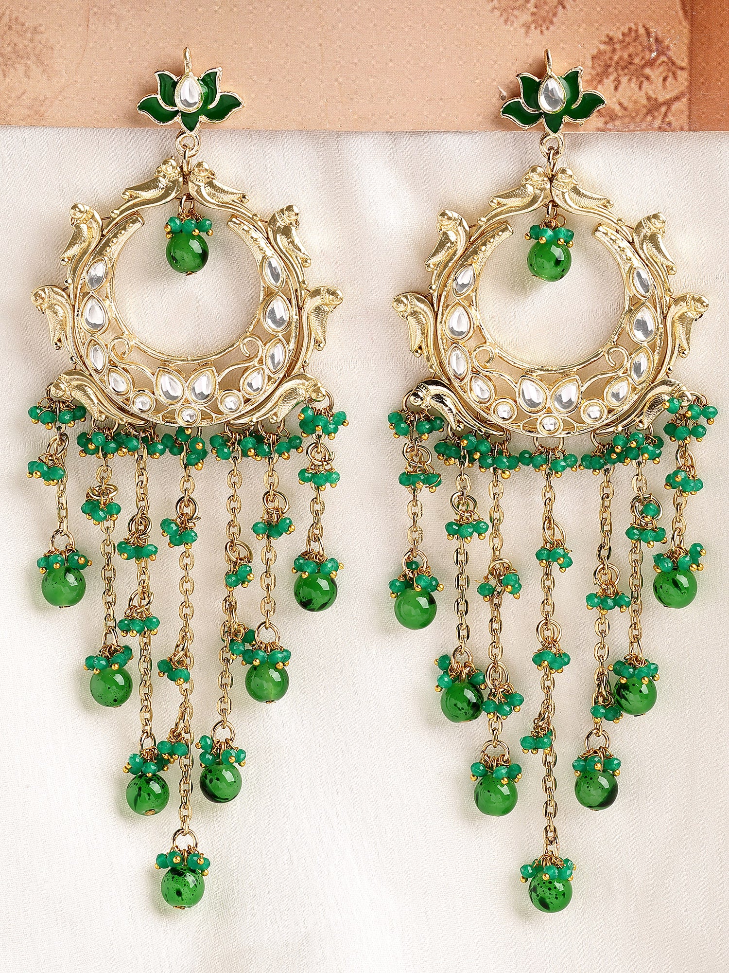 KARATCART Elegant Gold-Plated Green Beads and Crystal Kundan Tassel Earrings for Women - Image 1