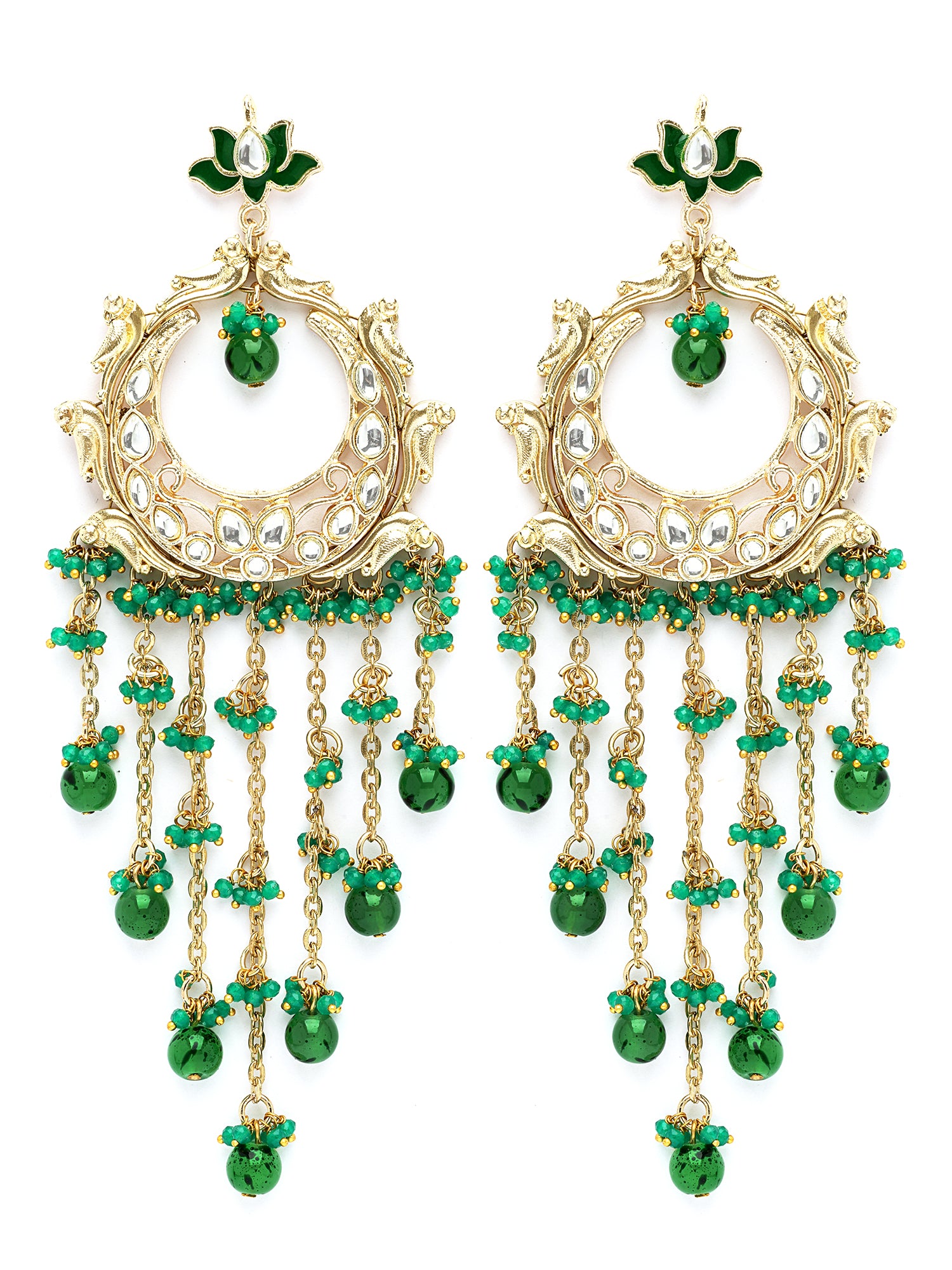 KARATCART Elegant Gold-Plated Green Beads and Crystal Kundan Tassel Earrings for Women - view 4