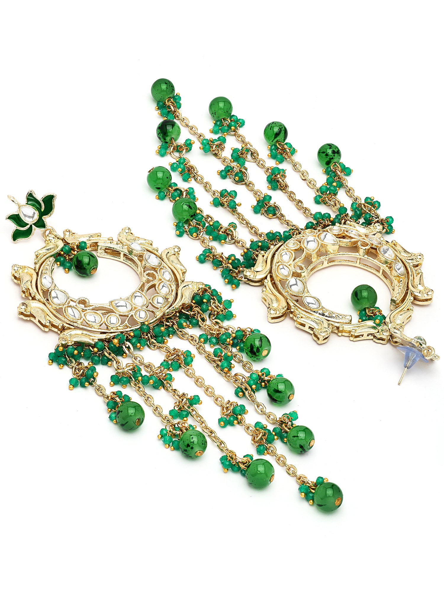 KARATCART Elegant Gold-Plated Green Beads and Crystal Kundan Tassel Earrings for Women - view 5