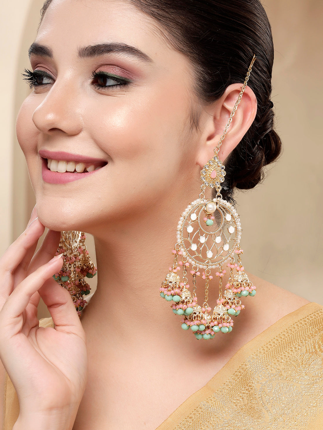 KARATCART Designer Gold-Plated Pink and Blue Crystal Kundan Dangler Earrings for Women