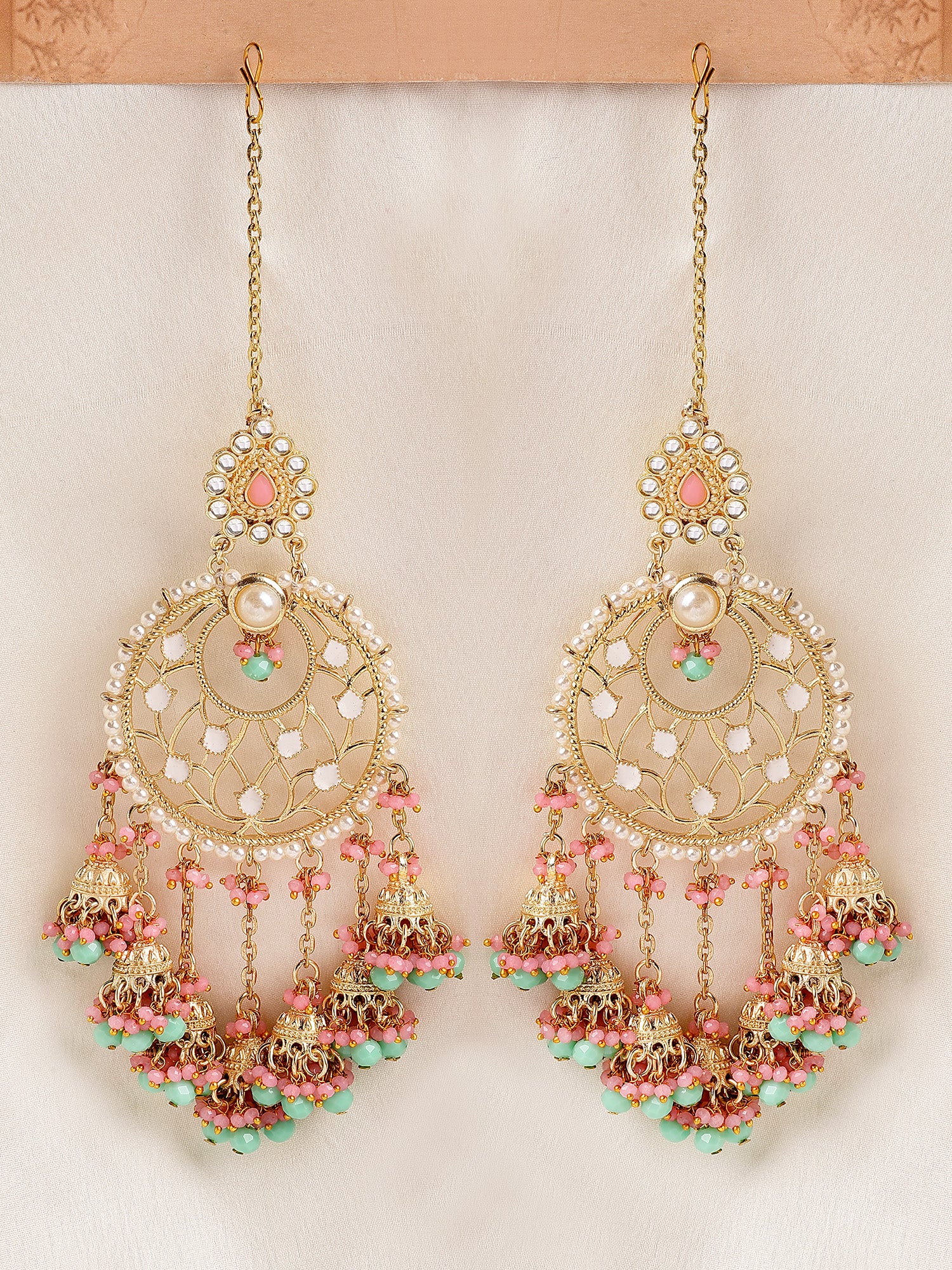 KARATCART Designer Gold-Plated Pink and Blue Crystal Kundan Dangler Earrings for Women