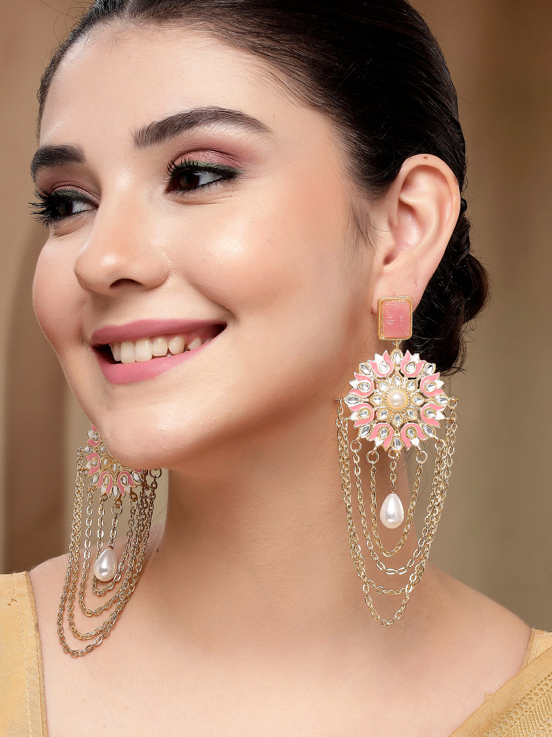 KARATCART Gold-Plated Pink Enamel Floral Design Kundan Dangler Earrings for Women