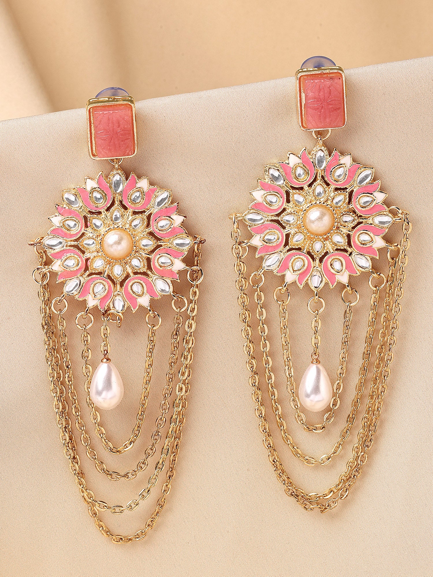 KARATCART Gold-Plated Pink Enamel Floral Design Kundan Dangler Earrings for Women - Image 1