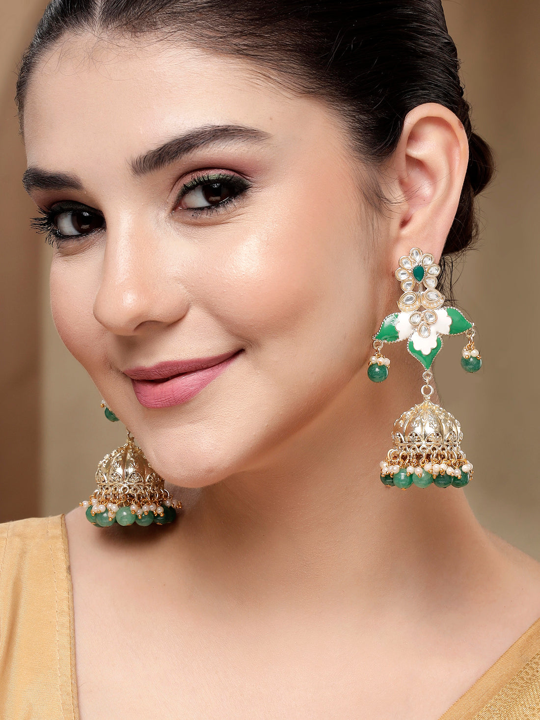 KARATCART Gold-Plated Green Enamel Floral Design Kundan Jhumki Earrings for Women