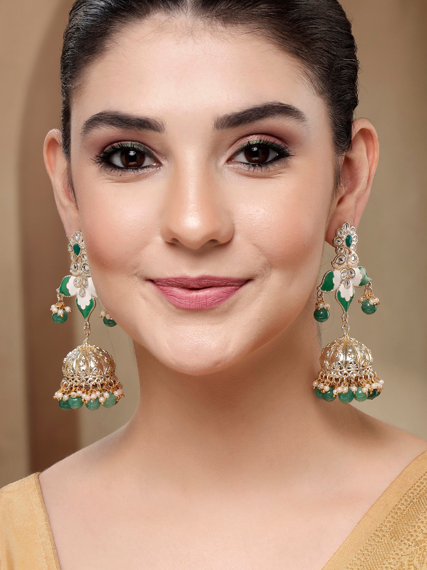 KARATCART Gold-Plated Green Enamel Floral Design Kundan Jhumki Earrings for Women - view 3