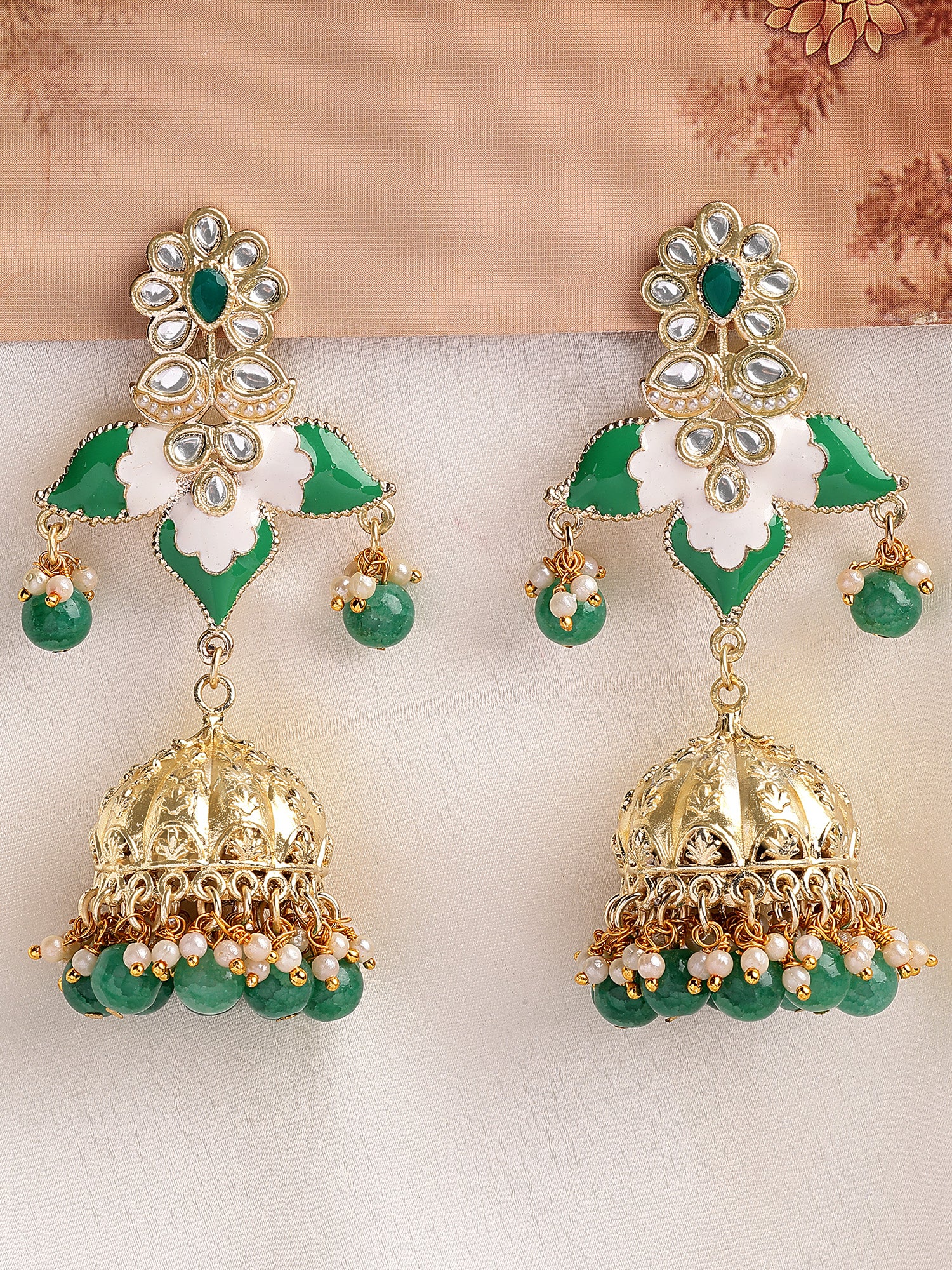 KARATCART Gold-Plated Green Enamel Floral Design Kundan Jhumki Earrings for Women