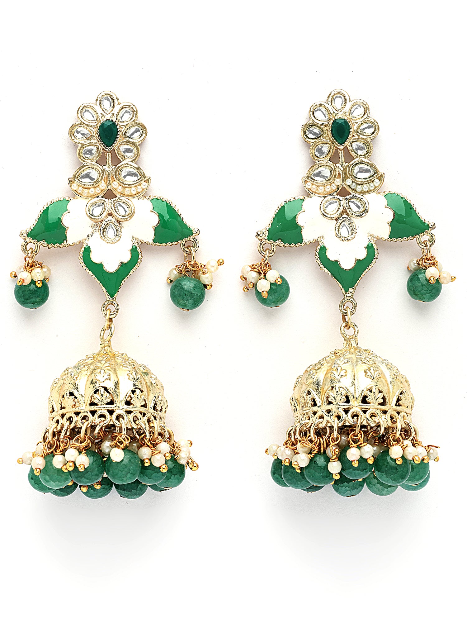 KARATCART Gold-Plated Green Enamel Floral Design Kundan Jhumki Earrings for Women - view 4