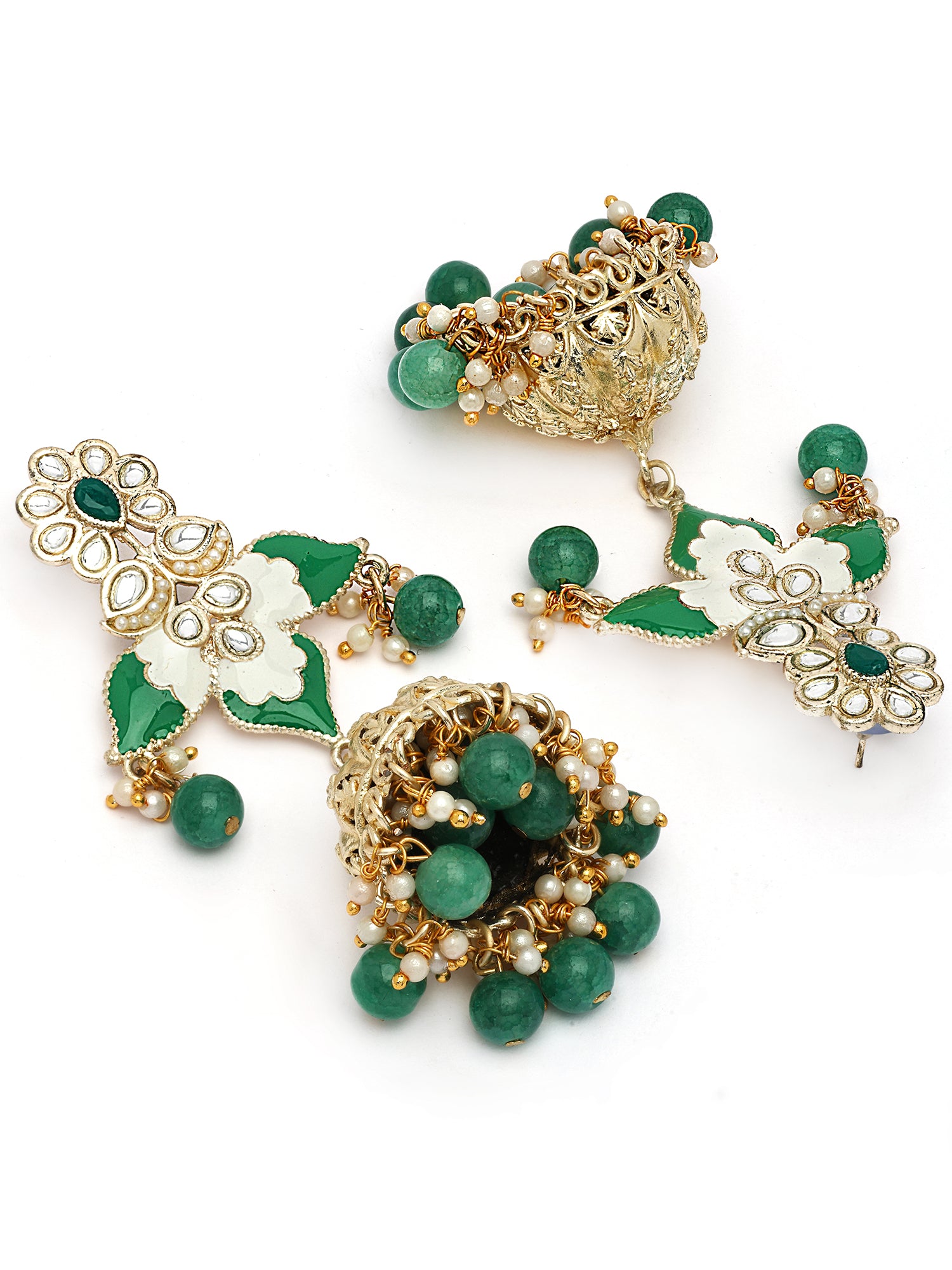 KARATCART Gold-Plated Green Enamel Floral Design Kundan Jhumki Earrings for Women - view 5