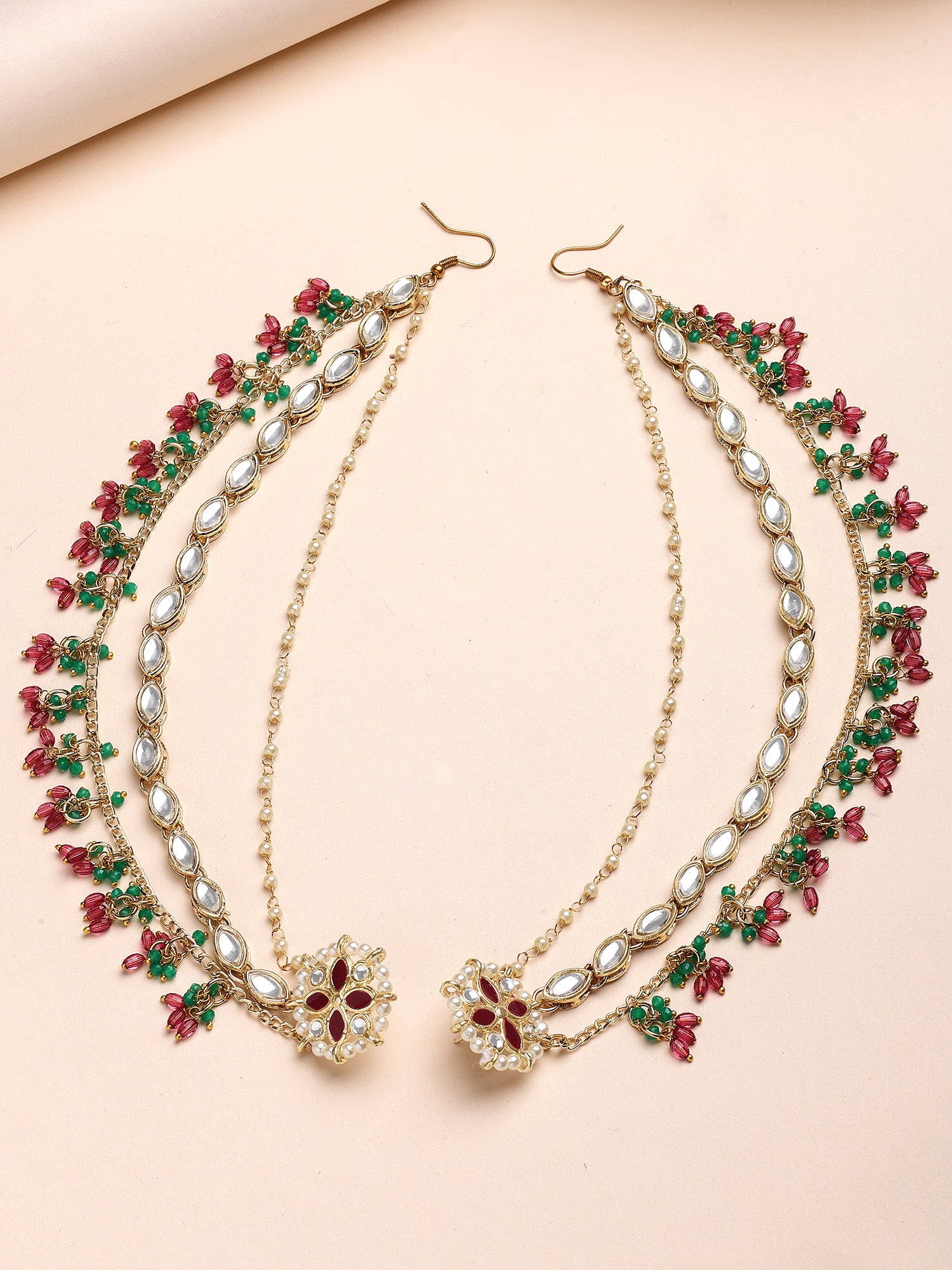 KARATCART Ethnic Gold-Plated Pink and Green Crystal Kundan Kaanchain Earrings for Women