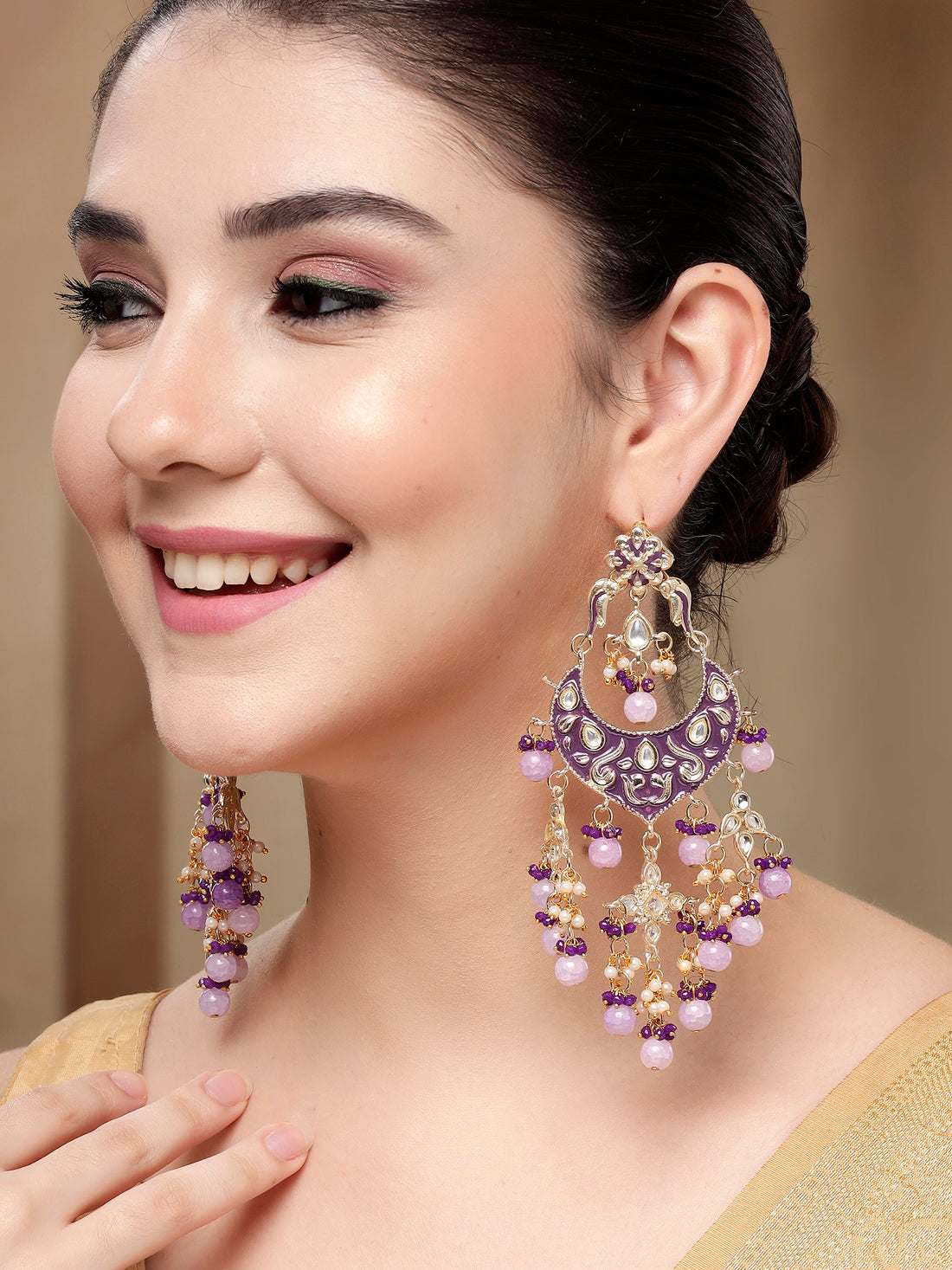 KARATCART Designer Gold-Plated Purple Enamel and Beads Kundan Dangler Earrings for Women