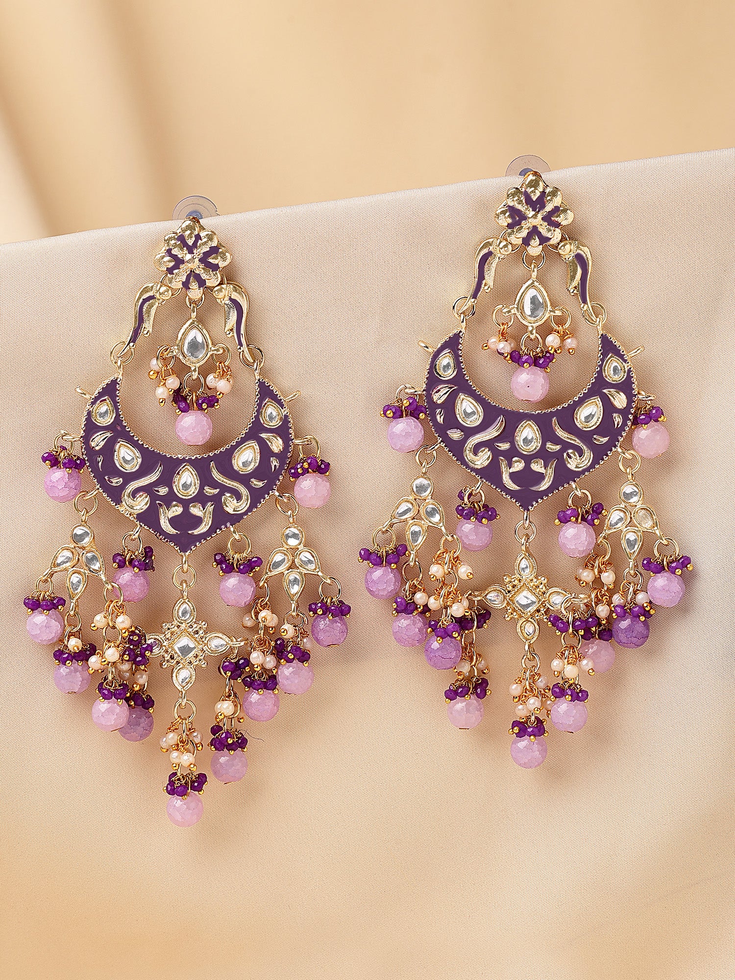 KARATCART Designer Gold-Plated Purple Enamel and Beads Kundan Dangler Earrings for Women