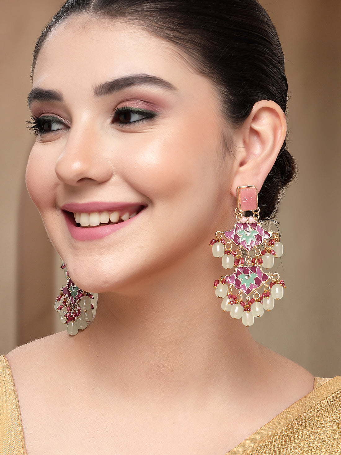 KARATCART Designer Gold-Plated Pink and Green Enamel Dangler Earrings for Women