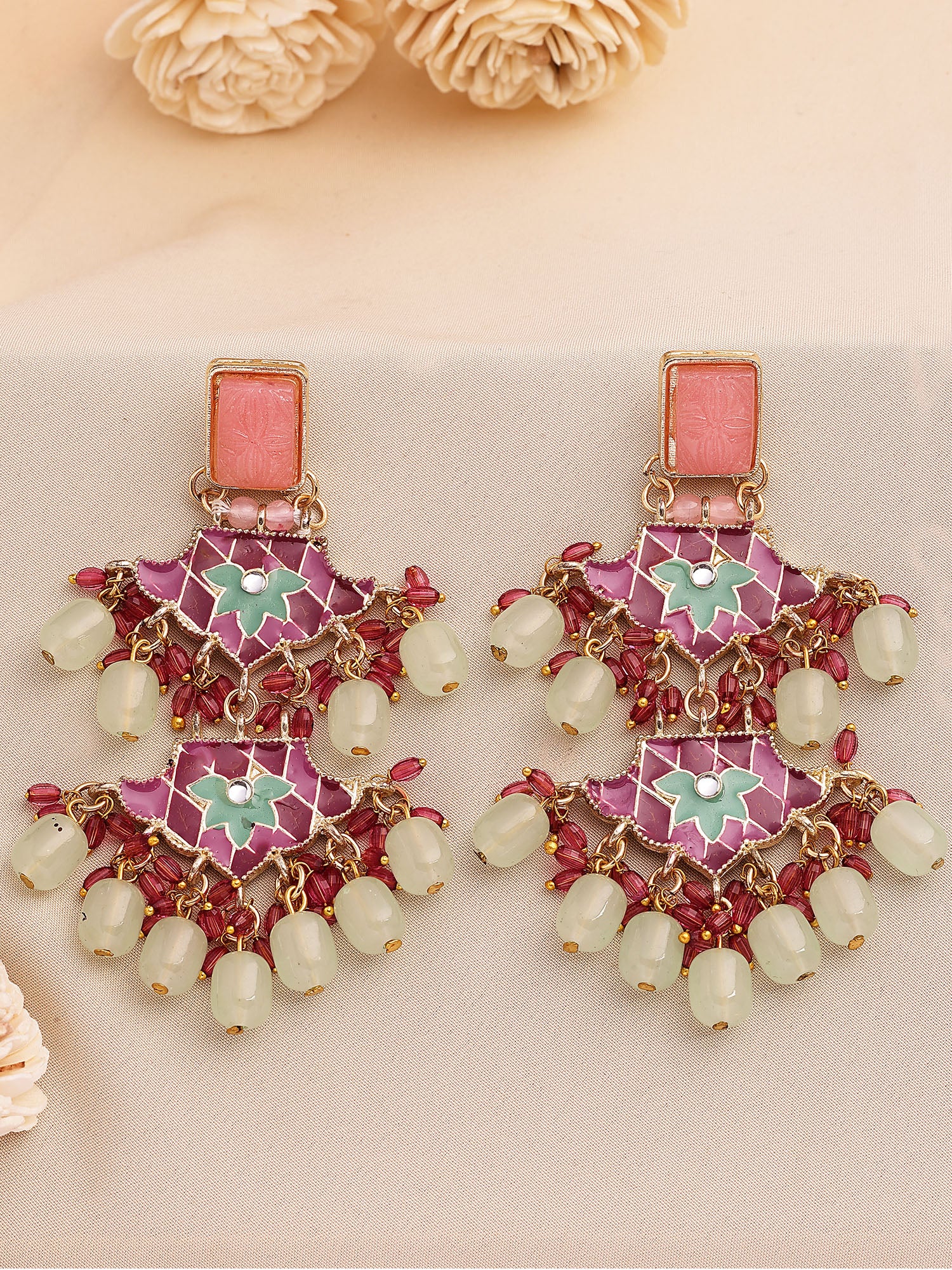 KARATCART Designer Gold-Plated Pink and Green Enamel Dangler Earrings for Women - Image 1