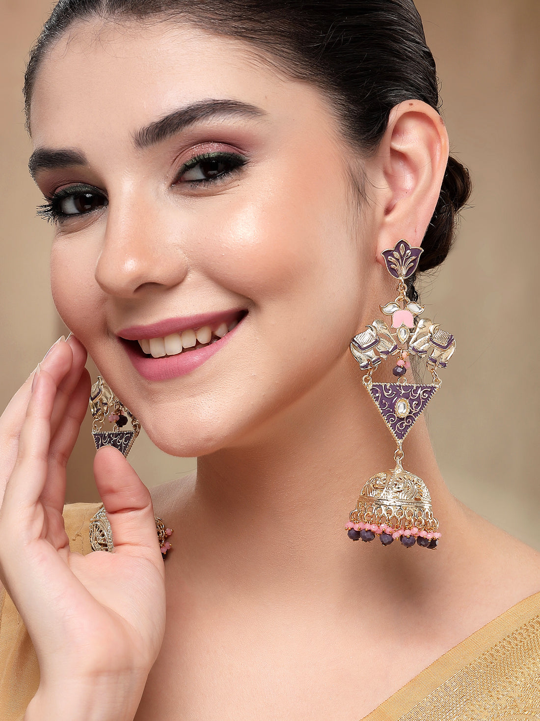 KARATCART Designer Gold-Plated Purple and Pink Enamel Dangler Jhumki Earrings for Women