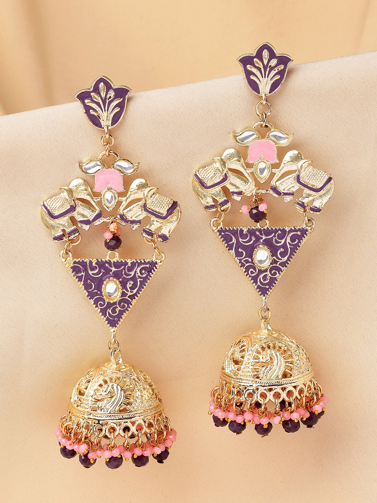 KARATCART Designer Gold-Plated Purple and Pink Enamel Dangler Jhumki Earrings for Women - Image 1