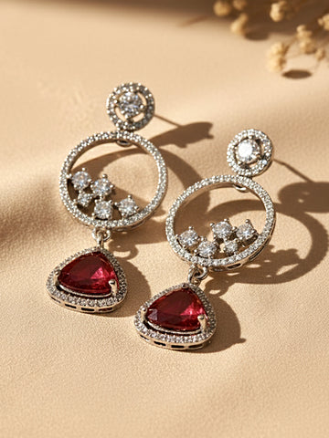 KARATCART Red American Diamond Studded Silver-Plated Drop Earrings for Women