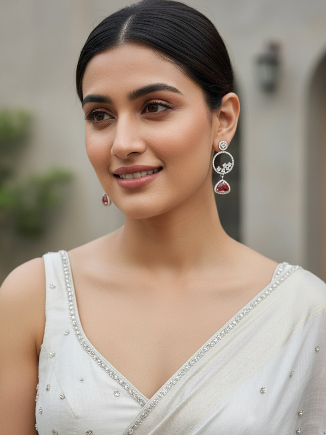 KARATCART Red American Diamond Studded Silver-Plated Drop Earrings for Women