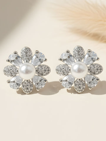 KARATCART White Pearl & American Diamond Studded Silver-Plated Floral Stud Earrings for Women
