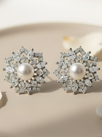 KARATCART Elegant White Pearl with American Diamond Silver-Plated Starburst Stud Earrings for Women
