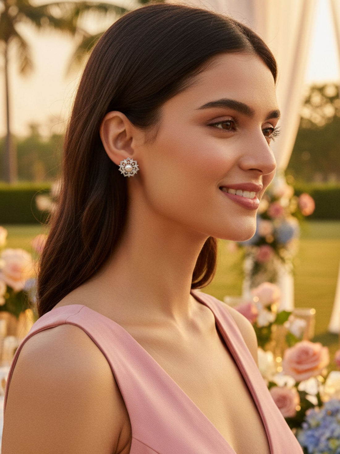 KARATCART Elegant White Pearl with American Diamond Silver-Plated Starburst Stud Earrings for Women