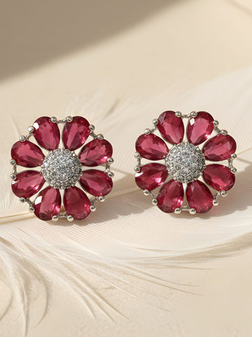 33KARATCART Classic Red American Diamond Silver-Plated Floral Stud Earrings for Women210056