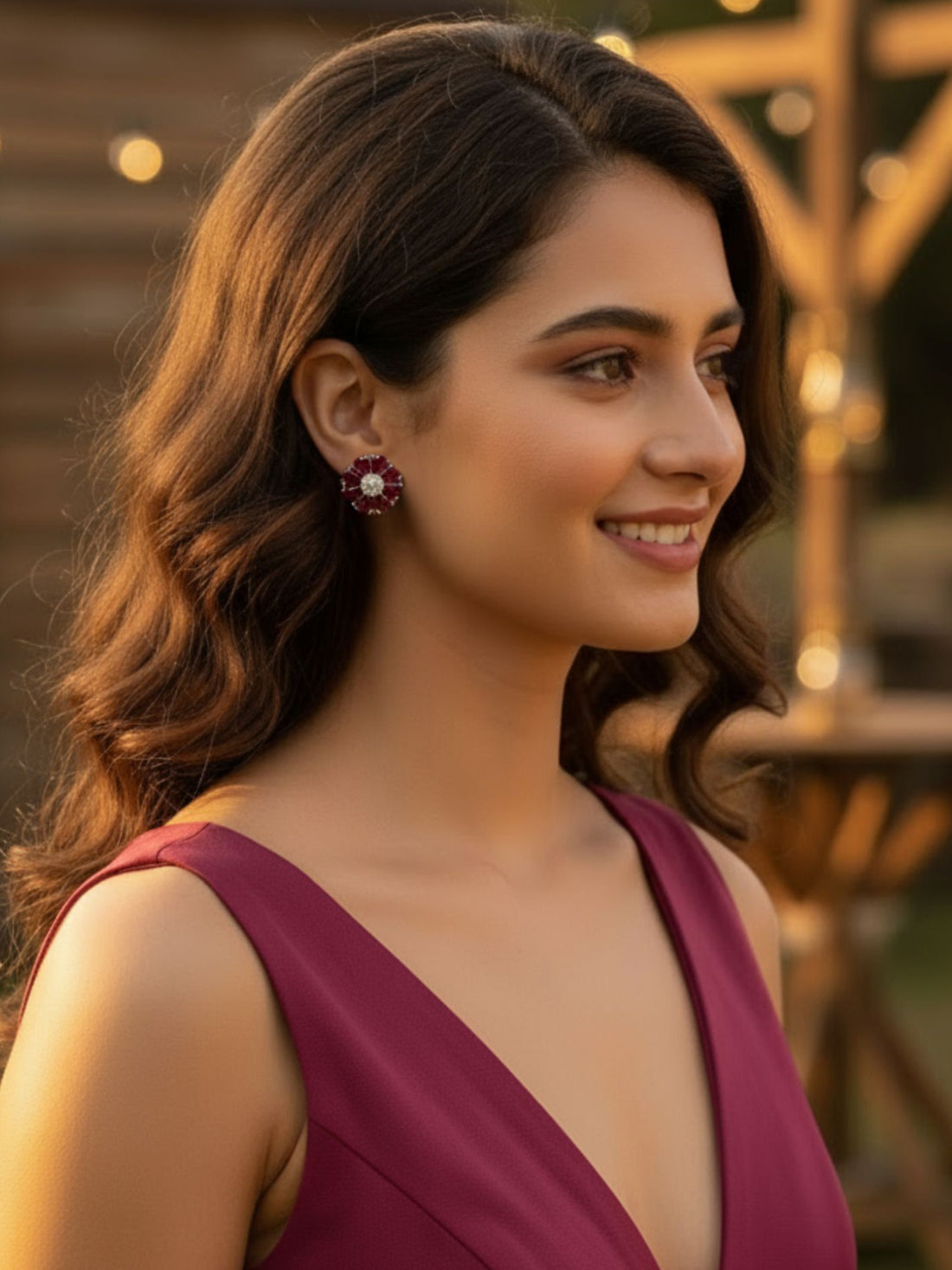 33KARATCART Classic Red American Diamond Silver-Plated Floral Stud Earrings for Women210056