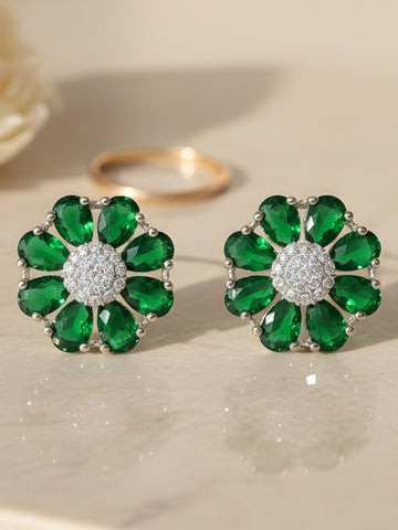 KARATCART Classic Green American Diamond Silver-Plated Floral Stud Earrings for Women