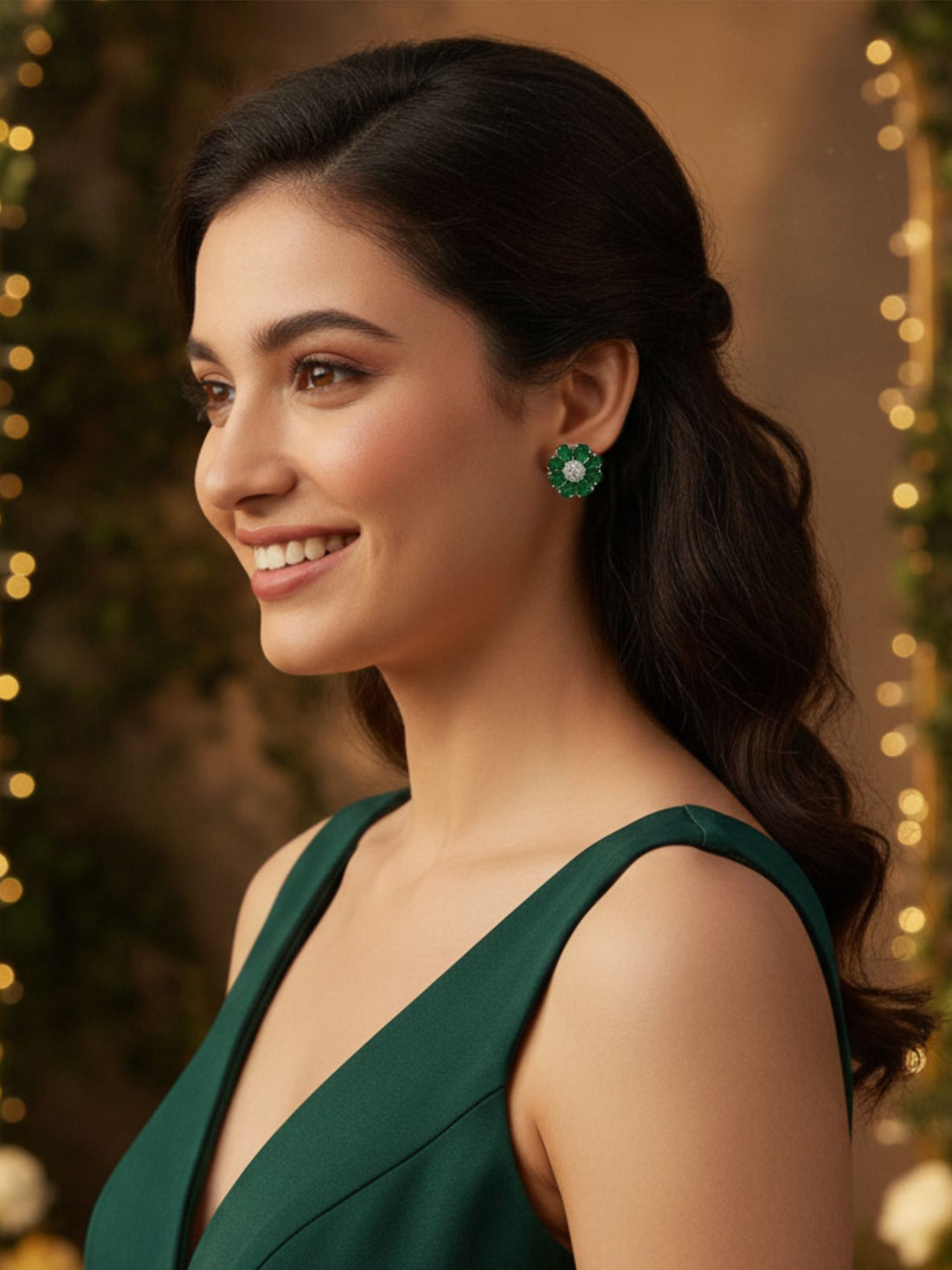 KARATCART Classic Green American Diamond Silver-Plated Floral Stud Earrings for Women