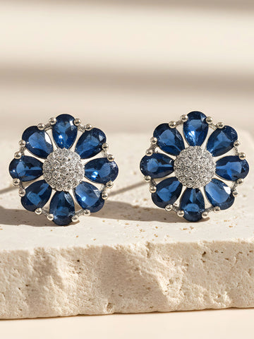 KARATCART Classic Blue American Diamond Silver-Plated Floral Stud Earrings for Women