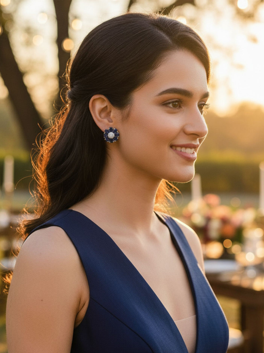 KARATCART Classic Blue American Diamond Silver-Plated Floral Stud Earrings for Women