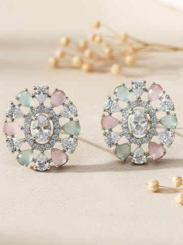 KARATCART Pastel Pink and Mint Green American Diamond Silver-Plated Floral Stud Earrings for Women