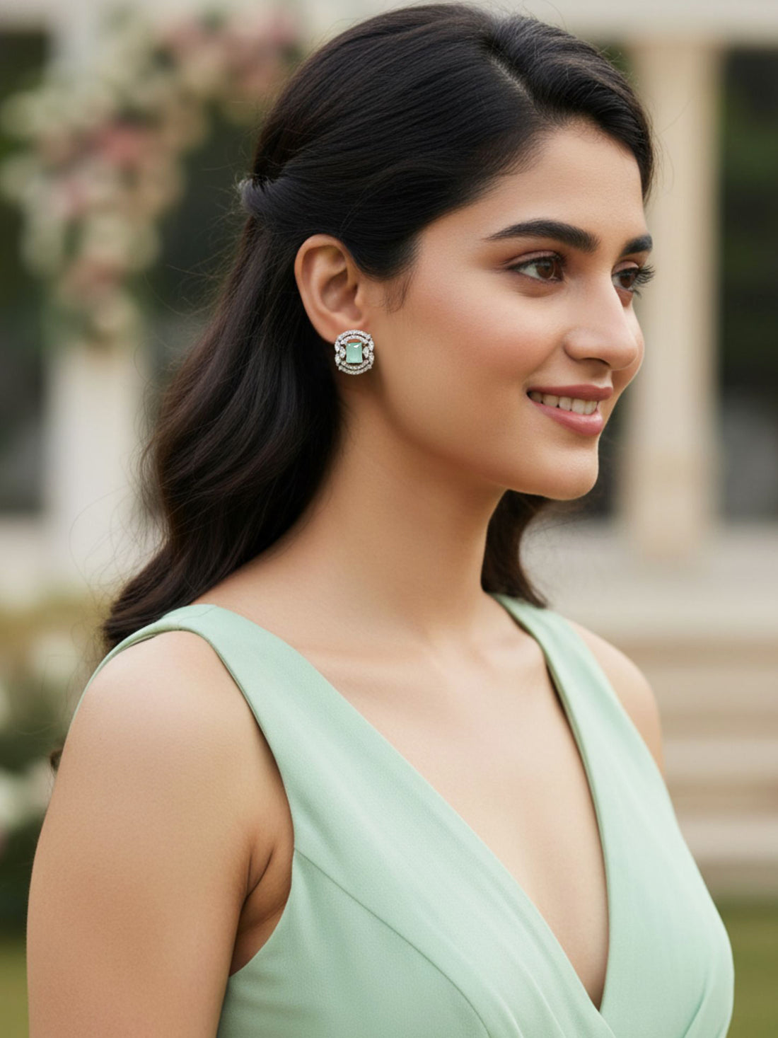 KARATCART,Earrings,Stud,American Diamond,Sea Green,,Silver Plated,Women,Alloy,Metal,Post and Back,Somnath