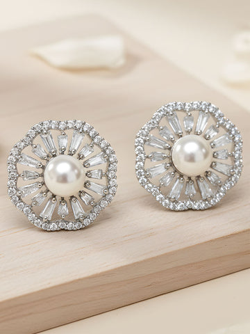 KARATCART Sparkling American Diamond & Pearl Silver-Plated Round Stud Earrings for Women