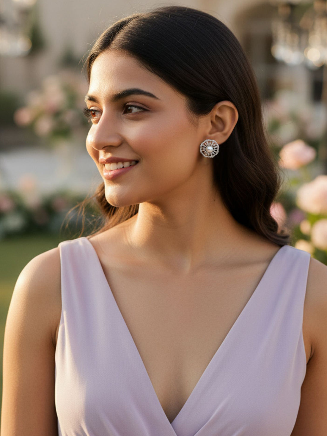 KARATCART Sparkling American Diamond & Pearl Silver-Plated Round Stud Earrings for Women