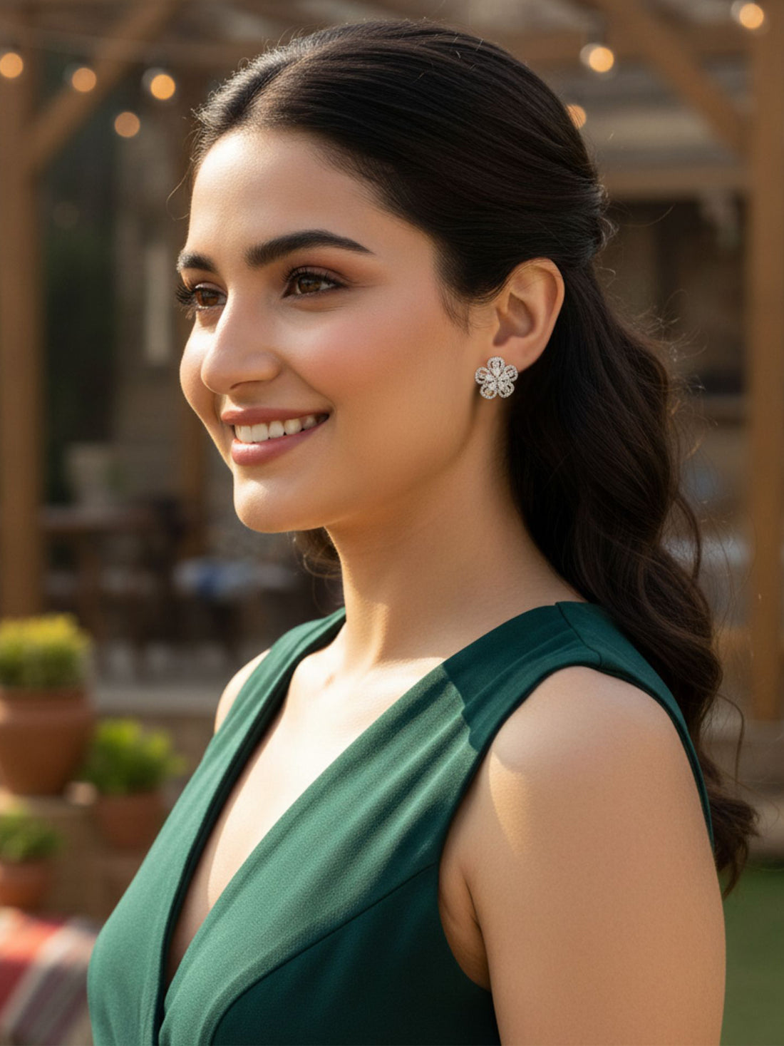 KARATCART Sparkling American Diamond Silver-Plated Floral Stud Earrings for Women