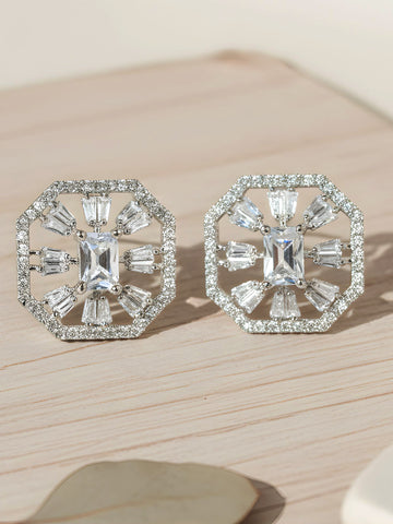 KARATCART Trendy Hexagon Design American Diamond Silver-Plated Stud Earrings for Women
