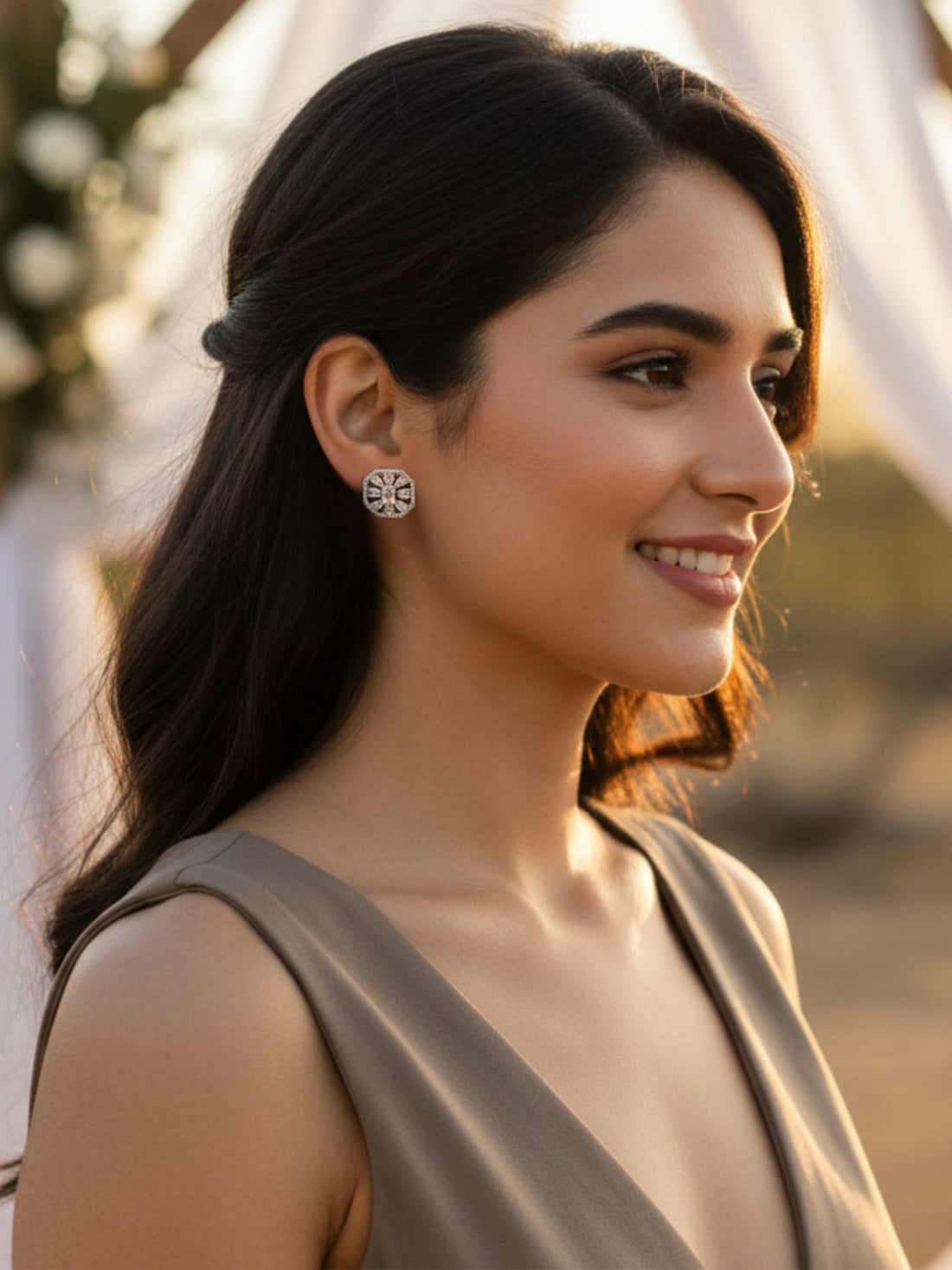 KARATCART Trendy Hexagon Design American Diamond Silver-Plated Stud Earrings for Women